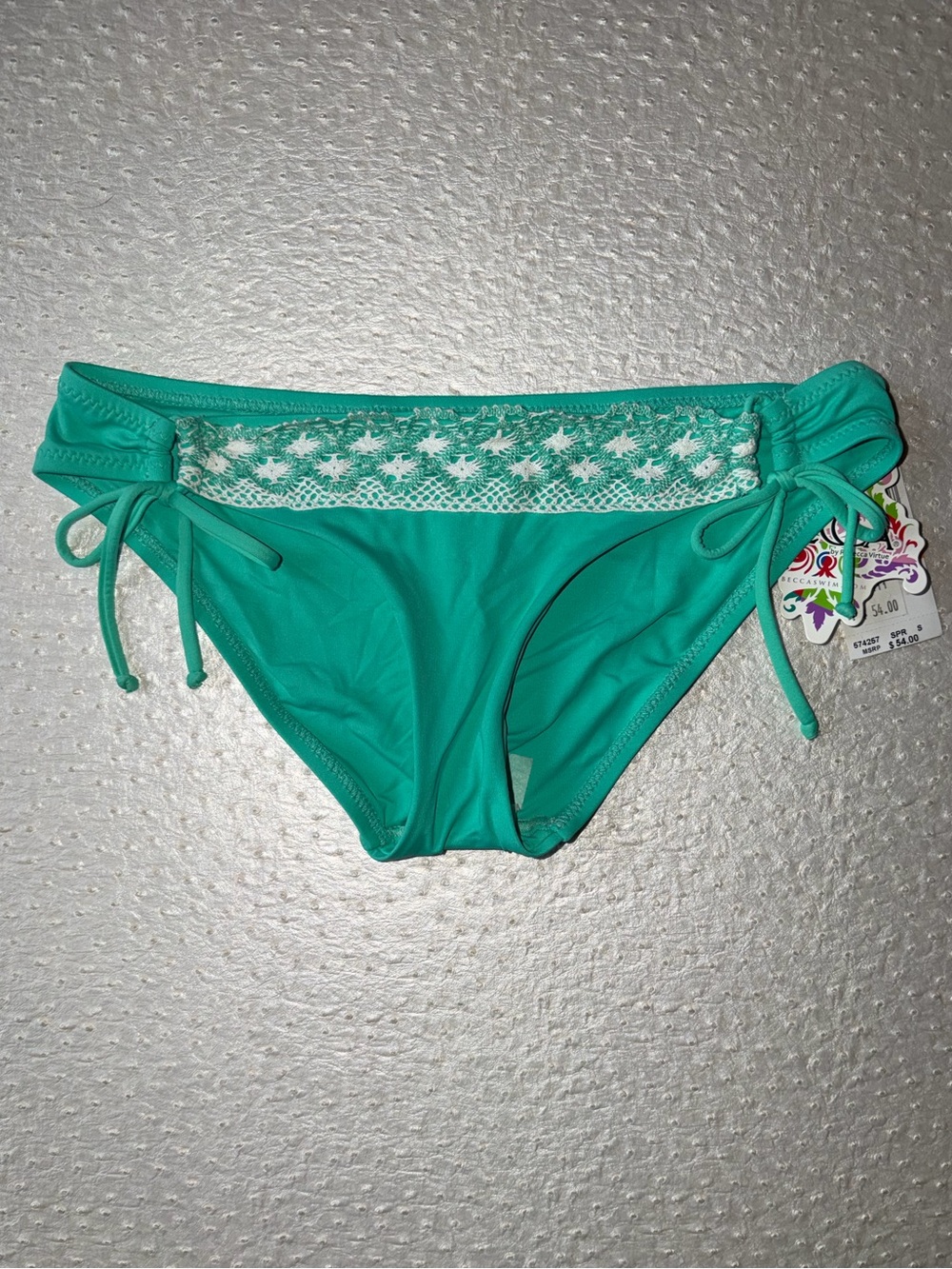 NWT BECCA Teal Crochet-Trim Hipster String Bikini Bottom Swim Sz S